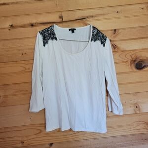 Talbots Womens Swoop Neck White Blouse With Black Lace Shoulders, Size: L